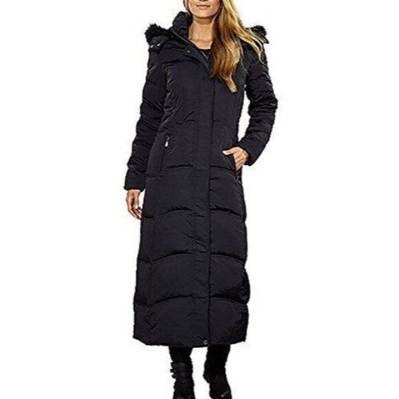NWT 1 Madison Ladies Expedition Faux Fur Lined Hooded Maxi Down Coat Black M - Picture 1 of 2